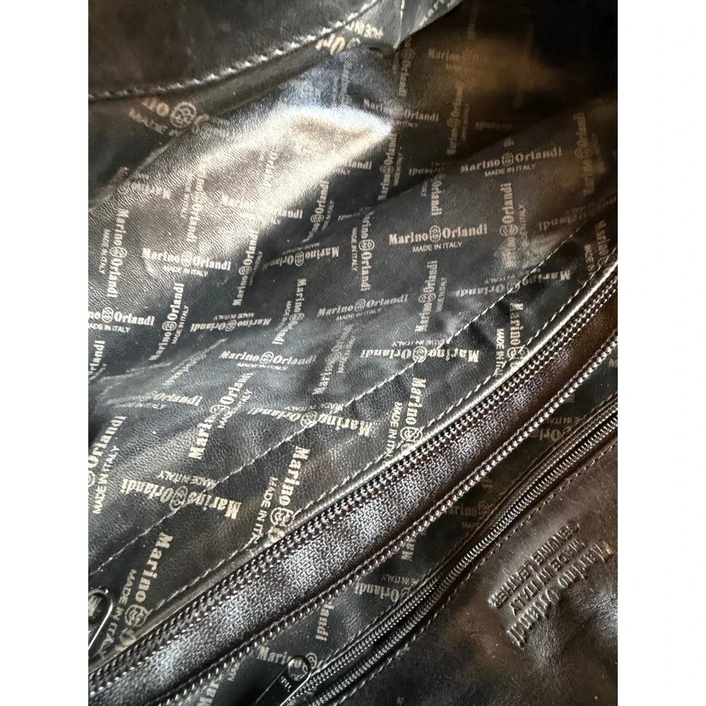 MARINO ORLANDI Satchel Black Leather Embossed Logo Gold Hardware Purse Bag Large